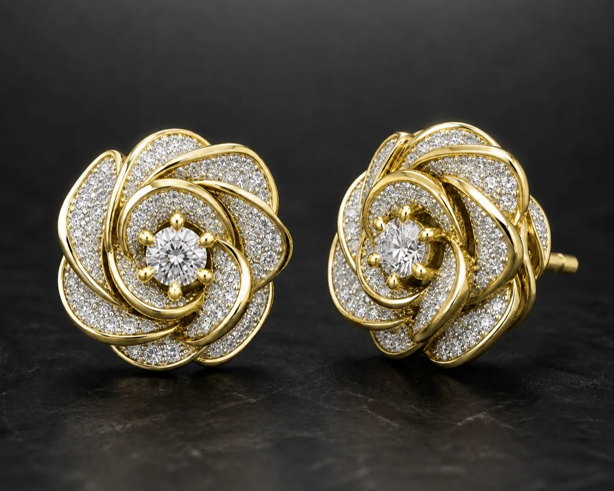 Matching Donya Golden Bloom yellow-gold earrings with white-diamond pavé petals and white center diamonds