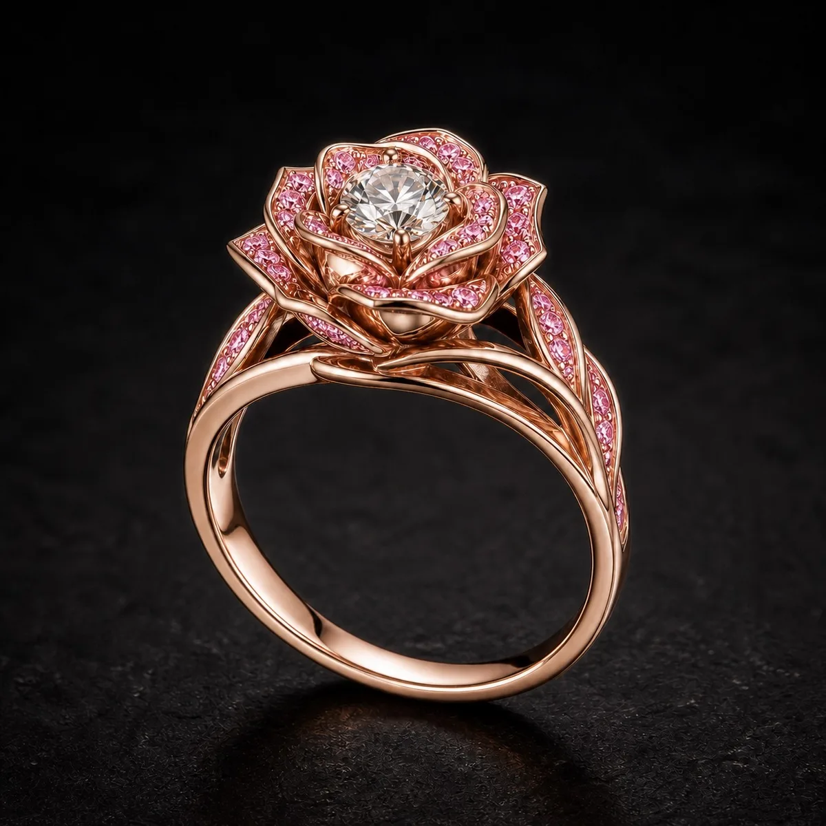 The Donya Pink Rose rose-gold engagement ring with a white center diamond and pink-diamond pavé petals