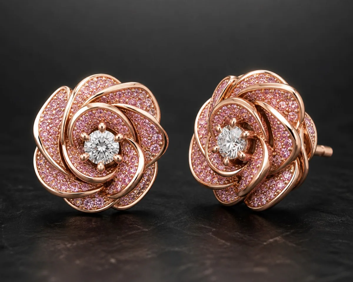 Matching Donya Rosé Bloom rose-gold earrings with pink-diamond pavé petals and white center diamonds