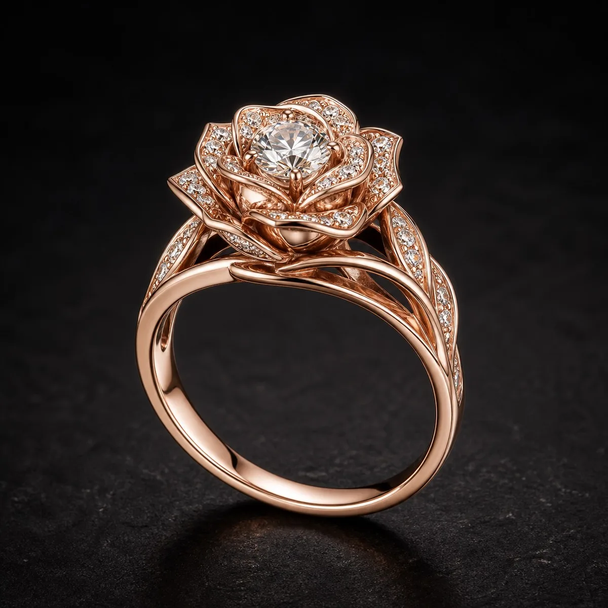The Danya Eternal Rose rose-gold engagement ring with a round white center diamond and white-diamond rose petals