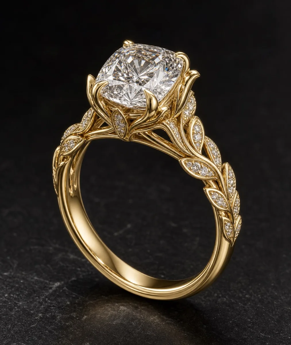 The Donya Fleur Royale yellow-gold engagement ring with an elongated cushion-cut white center diamond and diamond-set leaf shoulders