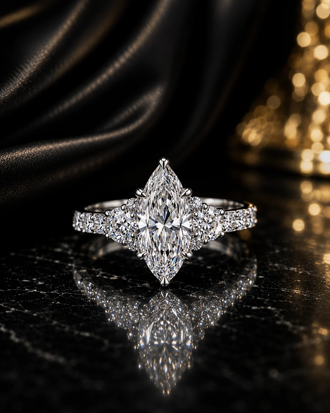 La Marquesa K24B marquise engagement ring on black satin